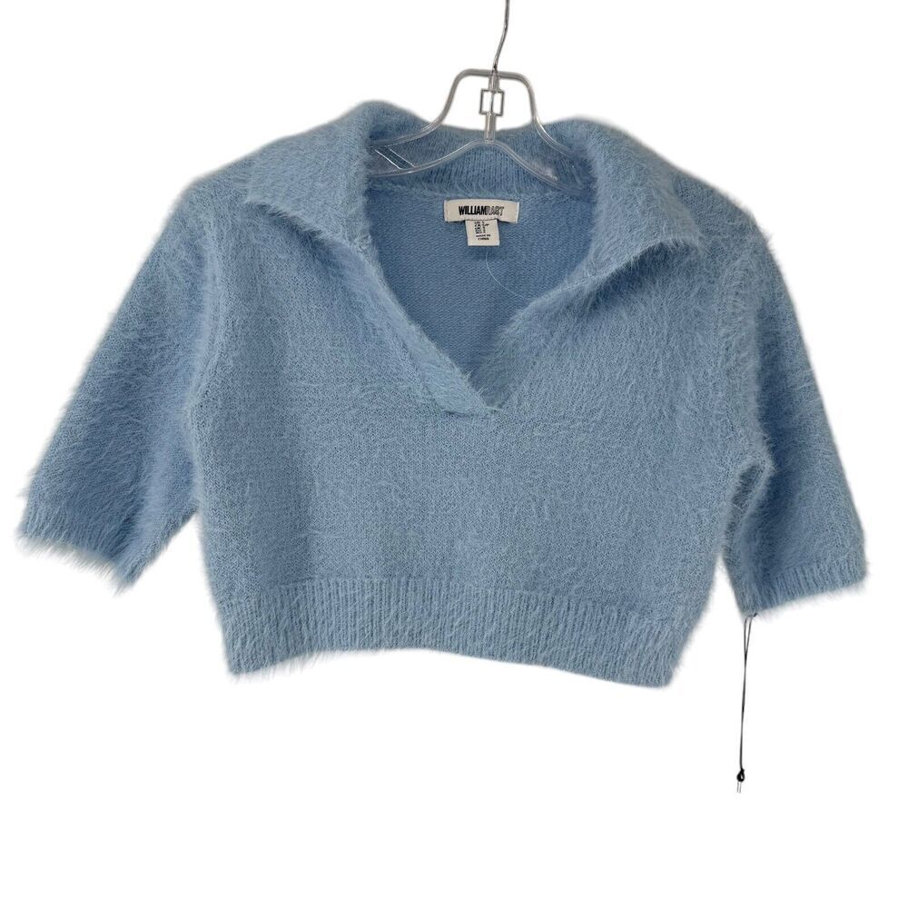 William Rast Sweater Cropped Fuzzy Collared Short Sleeve Womens Size S V Neck